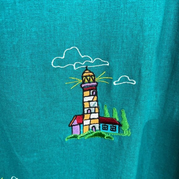 Country Concepts‎ Dress Large Teal Green Linen Cotton Midi Shift Lighthouse New - Picture 6 of 12
